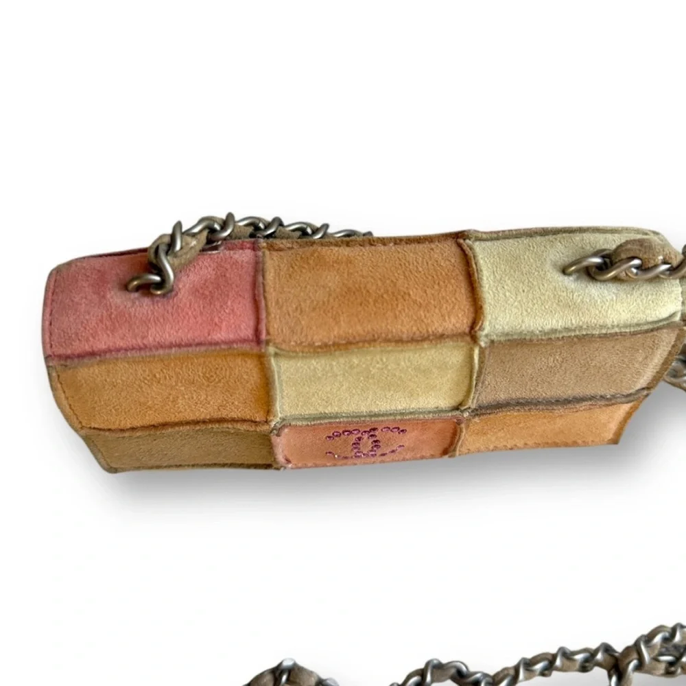 AUTH CHANEL PATCHWORK SUEDE MINI BAG CRYSTAL CC SILVER CHAIN RARE VINTAGE BOHO - Picture 14 of 17